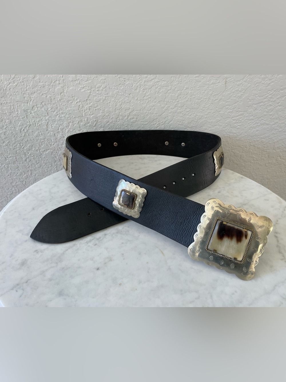 Vintage Silver Tone Concho Black Leather Bone Inlay Belt Engraved Western Belt - Picture 10 of 10